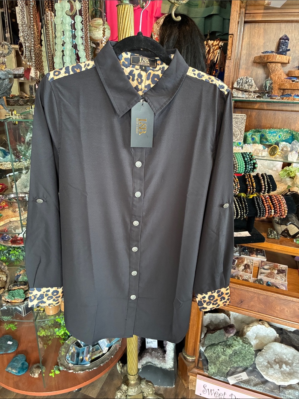 L&B Black Button-Down Shirt with Leopard Trim Accents